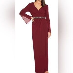 Adrianna Papell 14‎ Long Sleeve Beaded Formal Crepe Dress Bridesmaid Garnet Flaw